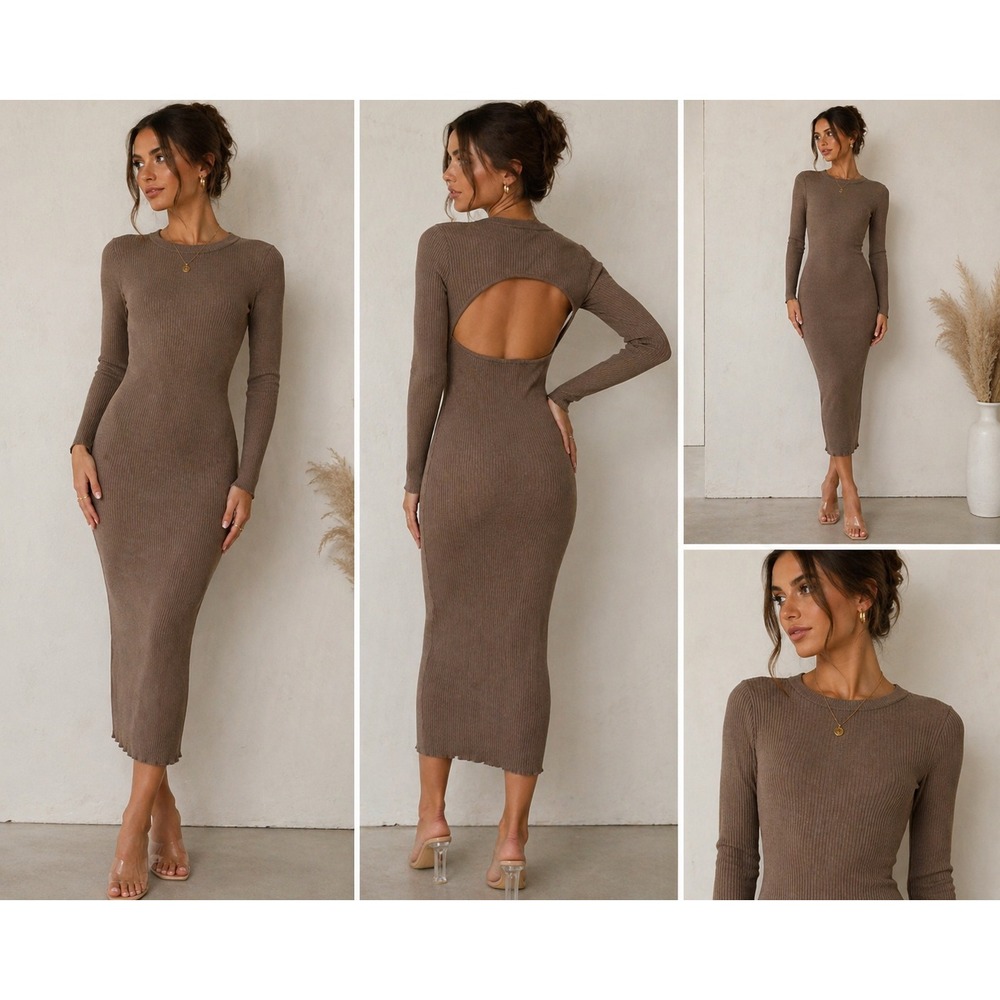 Hera Collection Ribbed Knit Bodycon Dress Womens Small Brown Cutout Minimalist
